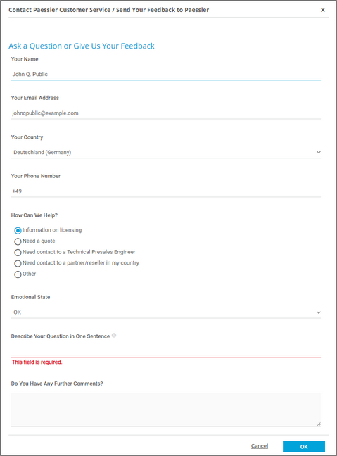 Contact Paessler Customer Service Form