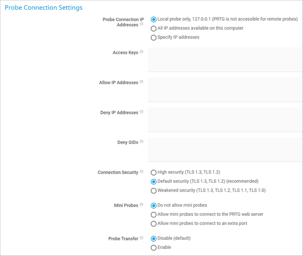 Probe Connection Settings in System Administration